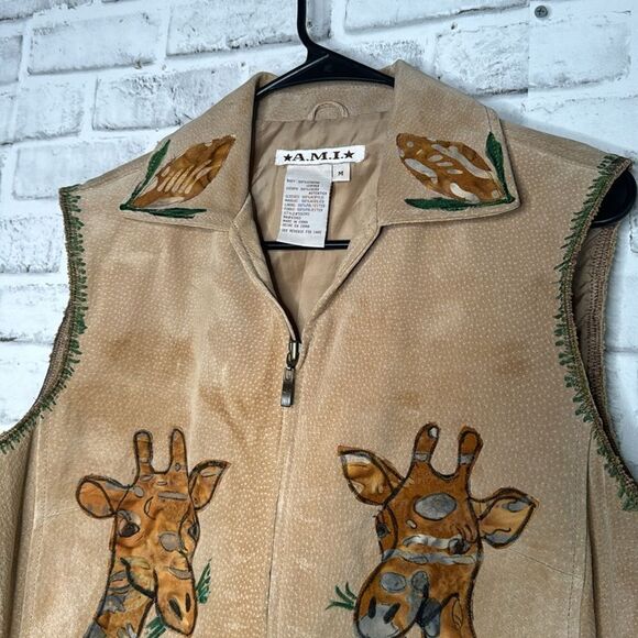 Upcycled Safari Giraffe A.M.I Ami 100% Genuine Leather Coat Jacket Vest - Picture 4 of 8